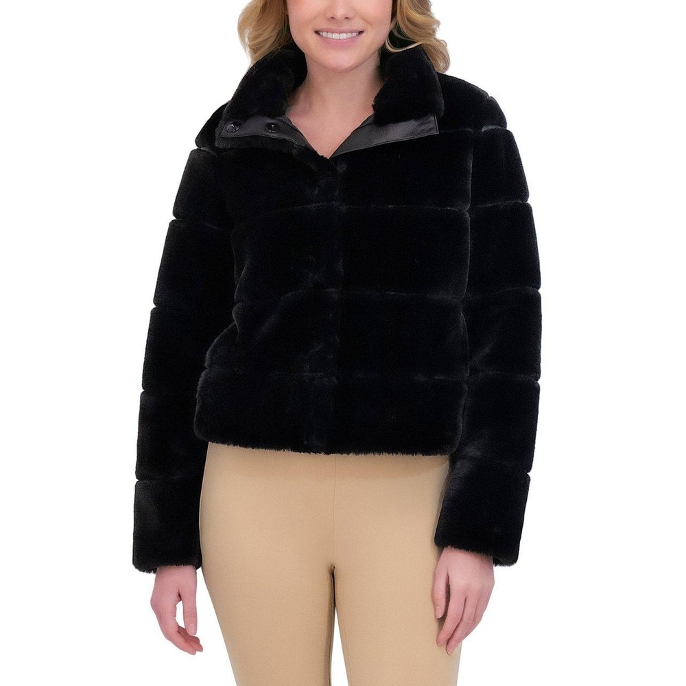NWT Karl Lagerfeld Paris Women's Small Black Faux Fur Puffer Teddy Jacket